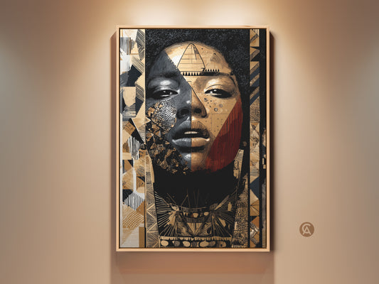 Framed abstract woman portrait artwork. Eclectic home decor featuring tribal geometric patterns in gold tan and black. This canvas print adds artistic flair to any room. A unique gift for art lovers with modern taste.