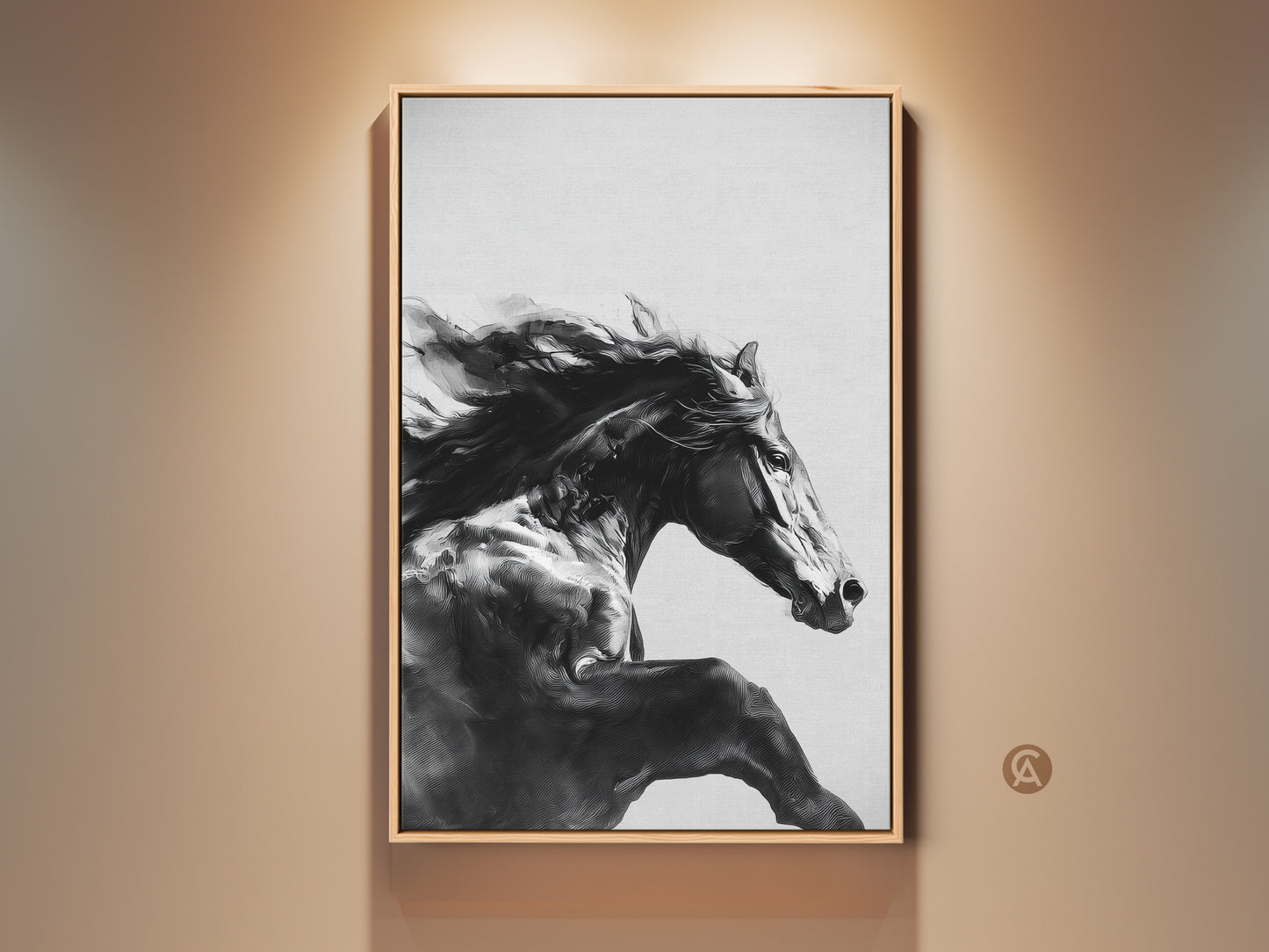 Framed black and white equine art print. This contemporary bedroom decor features a powerful galloping animal on canvas. The horse artwork is displayed in a modern living space. An ideal gift for equestrian enthusiasts. This monochrome piece adds elegance to any room. The artwork has a oak color frame.