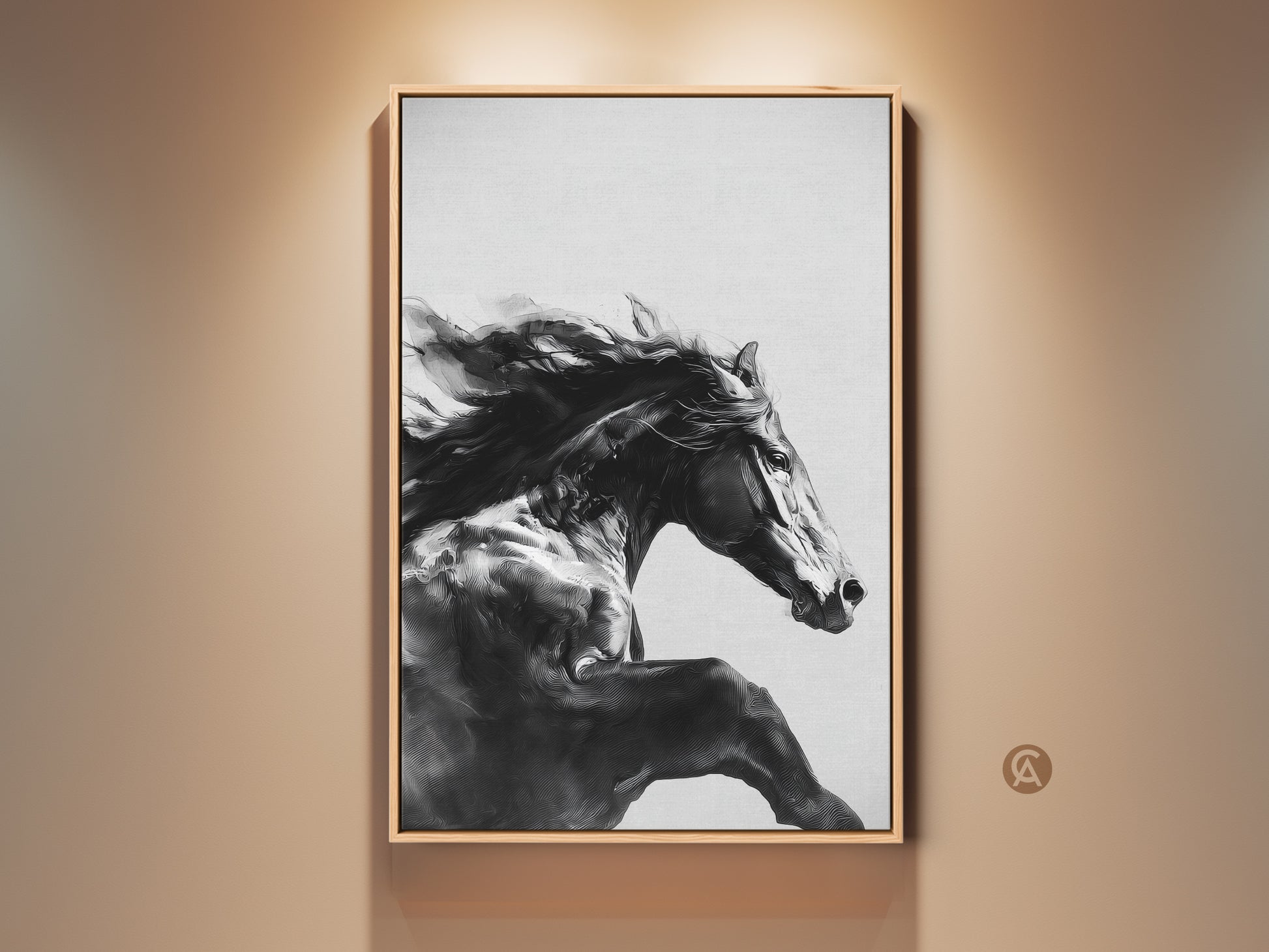 Framed black and white equine art print. This contemporary bedroom decor features a powerful galloping animal on canvas. The horse artwork is displayed in a modern living space. An ideal gift for equestrian enthusiasts. This monochrome piece adds elegance to any room. The artwork has a oak color frame.