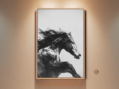 Framed black and white equine art print. This contemporary bedroom decor features a powerful galloping animal on canvas. The horse artwork is displayed in a modern living space. An ideal gift for equestrian enthusiasts. This monochrome piece adds elegance to any room. The artwork has a oak color frame.