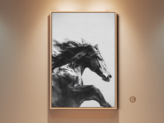 Framed black and white equine art print. This contemporary bedroom decor features a powerful galloping animal on canvas. The horse artwork is displayed in a modern living space. An ideal gift for equestrian enthusiasts. This monochrome piece adds elegance to any room. The artwork has a oak color frame.