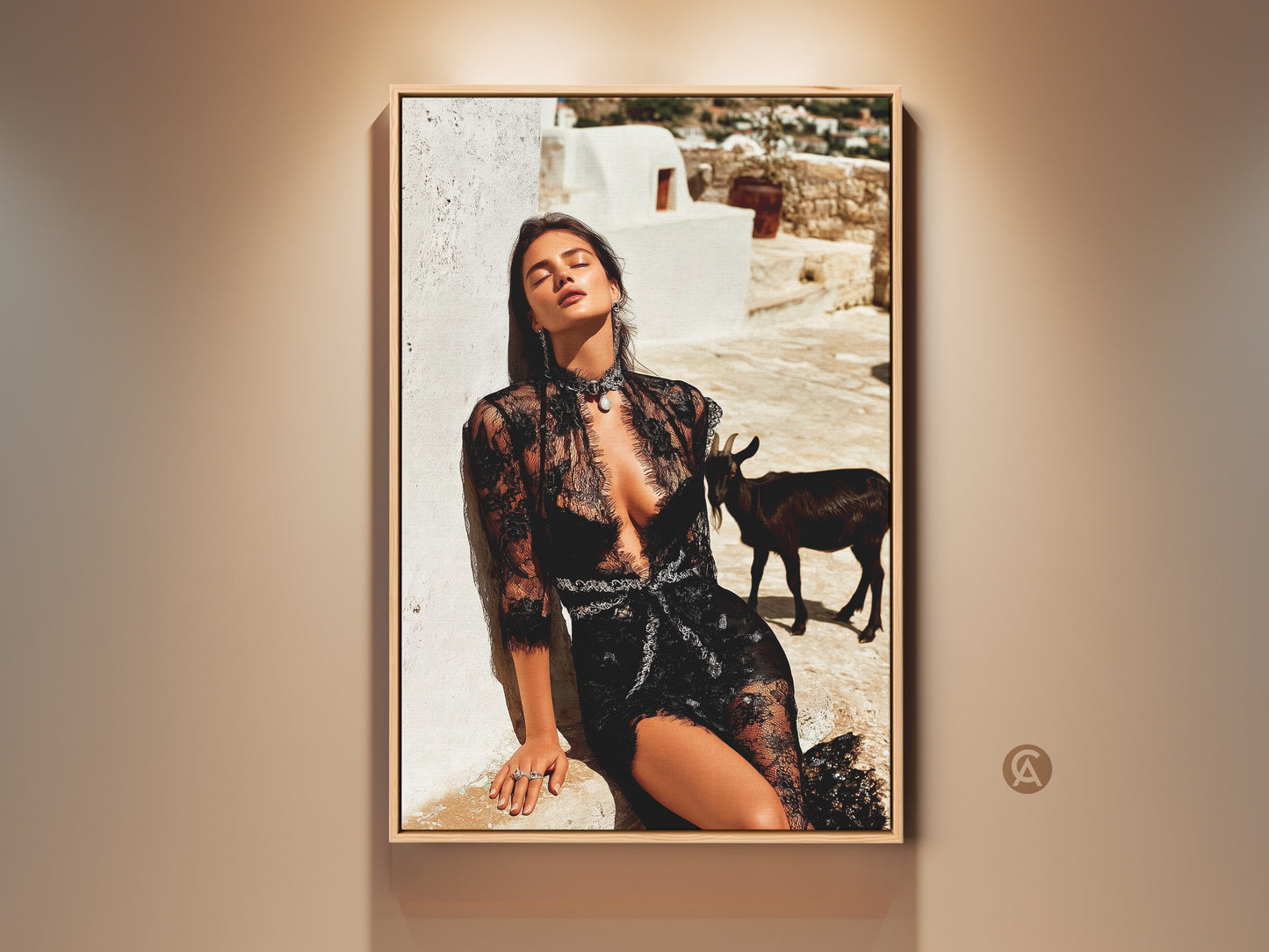 Glamorous woman in black lace art print. The model is featured alongside a goat in a sun-drenched editorial photoshoot. This eclectic home decor adds luxury and intrigue. A unique gift for fashion lovers. Shop the high fashion canvas for a modern touch.