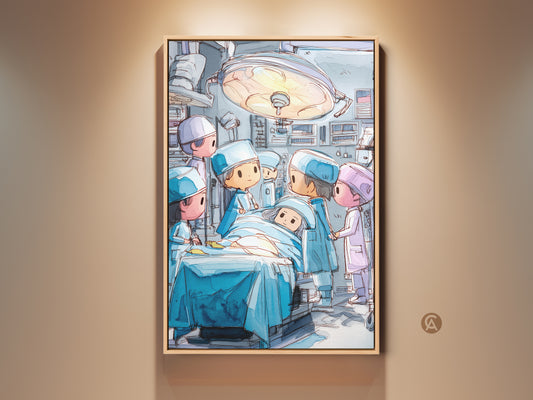Charming watercolor cartoon art print showing a medical team in an operating room. The teal and blue hues create a calming atmosphere. This unique artwork adds personality to any healthcare office. A thoughtful gift for doctors nurses or medical professionals. It's an eclectic and cheerful piece of wall decor.