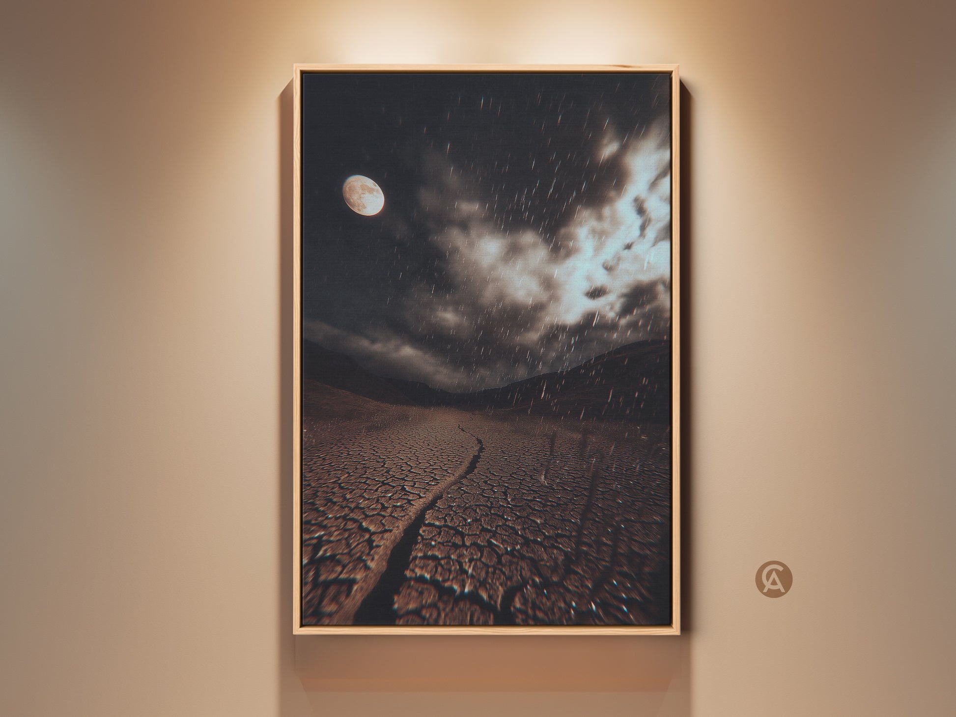 Framed dark brown cracked earth canvas art. This surreal moonlit desert landscape print features a grey rainy night sky. It's eclectic bedroom decor art. A dreamer housewarming gift print.