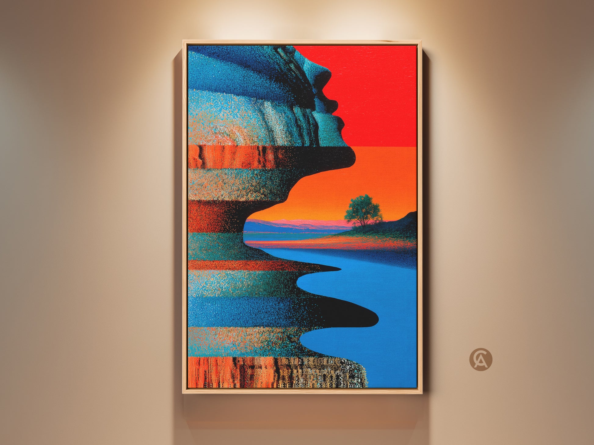 Vibrant blue orange abstract profile art stands out in this contemporary framed artwork. The surreal landscape canvas print offers an eclectic touch. This unique wall decor is a modern accent. It is ideal as an office gift or for home decor offering a blend of abstract portrait art and colorful canvas.