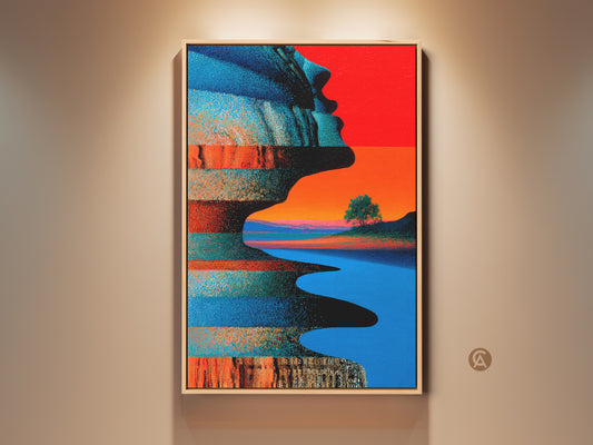 Vibrant blue orange abstract profile art stands out in this contemporary framed artwork. The surreal landscape canvas print offers an eclectic touch. This unique wall decor is a modern accent. It is ideal as an office gift or for home decor offering a blend of abstract portrait art and colorful canvas.