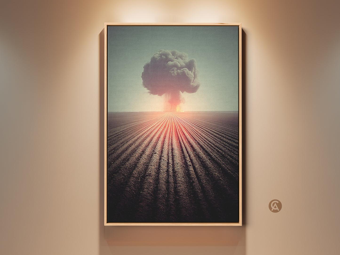 Experience surreal nuclear explosion art with this industrial canvas print. Orange and red tones create a dramatic landscape. Perfect study room decor or a gift for history lovers. This unique artwork evokes vintage industrial style. The art captures a surrealism fine art concept. It adds a thought-provoking element to any space.