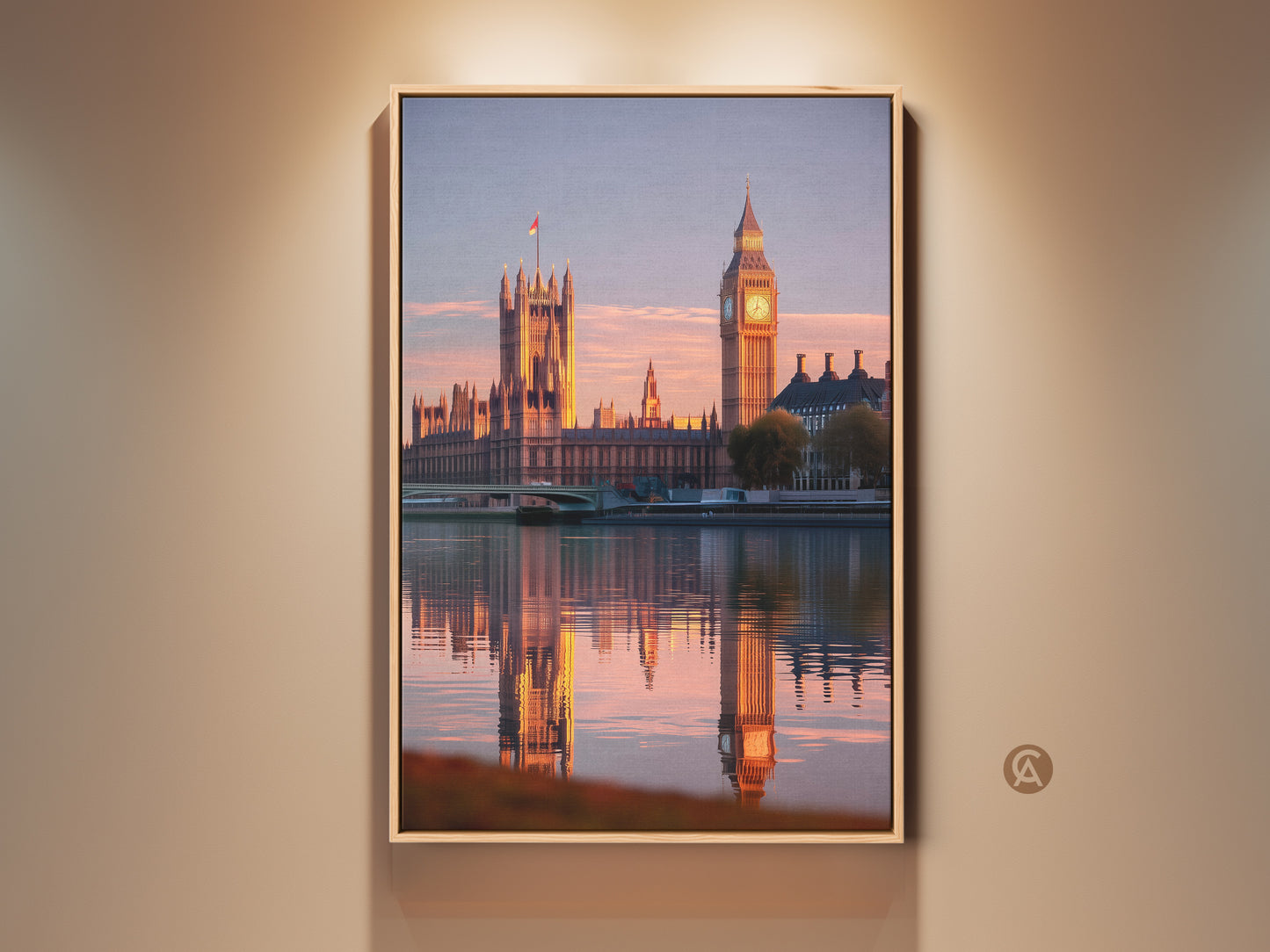 Houses of Parliament and Big Ben artwork. Golden hour bathes the London cityscape in a warm light. See the stunning reflection shimmering on the River Thames. A perfect travel themed wall decor for contemporary homes.