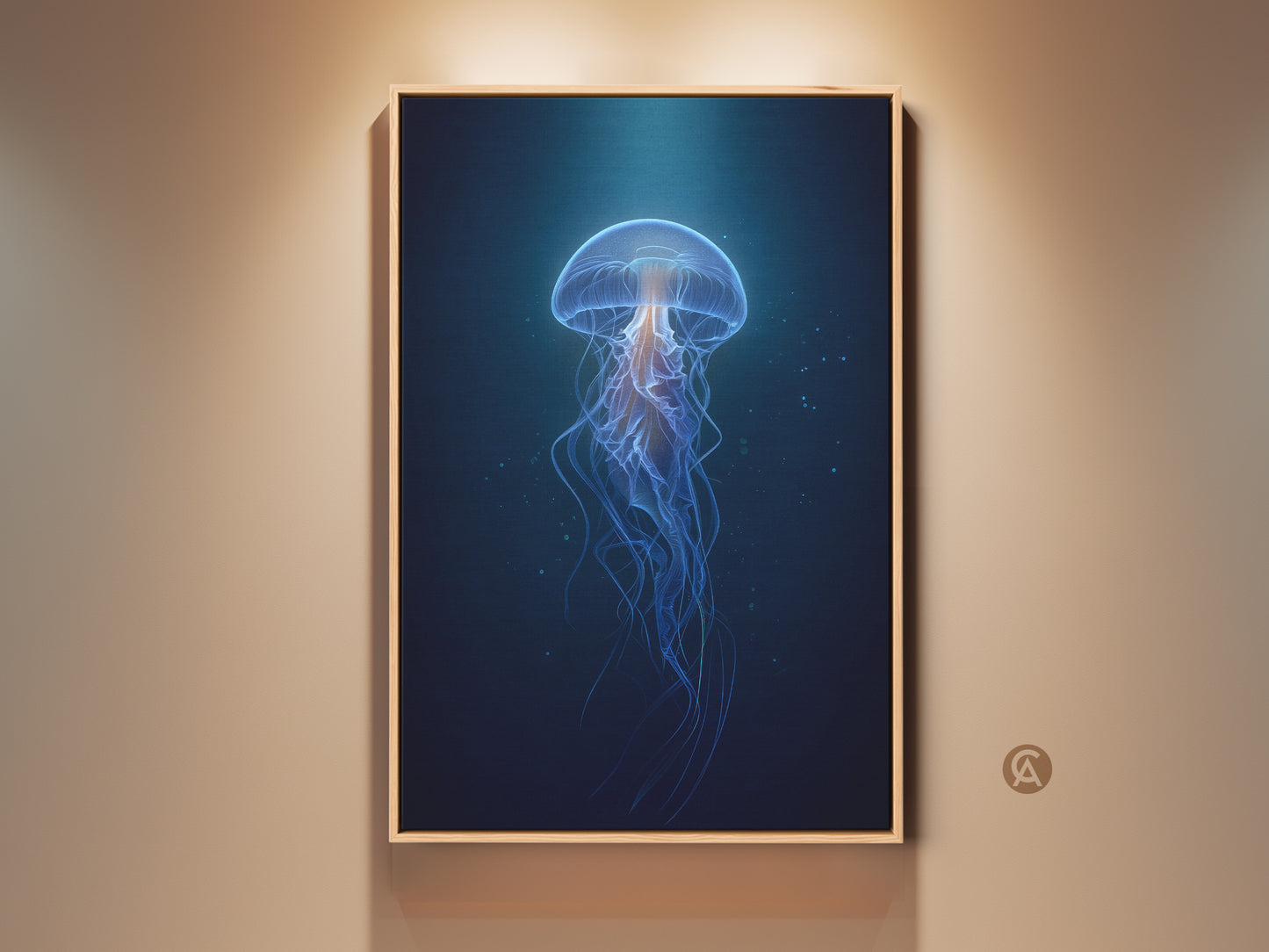 Framed Deep Blue Jellyfish Canvas Art in a contemporary setting. This abstract ocean artwork adds a touch of marine life to any room. The bioluminescent tentacles create a captivating focal point. Perfect as a housewarming gift or modern wall decor for bedroom or office.