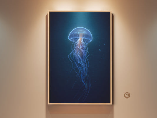 Framed Deep Blue Jellyfish Canvas Art in a contemporary setting. This abstract ocean artwork adds a touch of marine life to any room. The bioluminescent tentacles create a captivating focal point. Perfect as a housewarming gift or modern wall decor for bedroom or office.