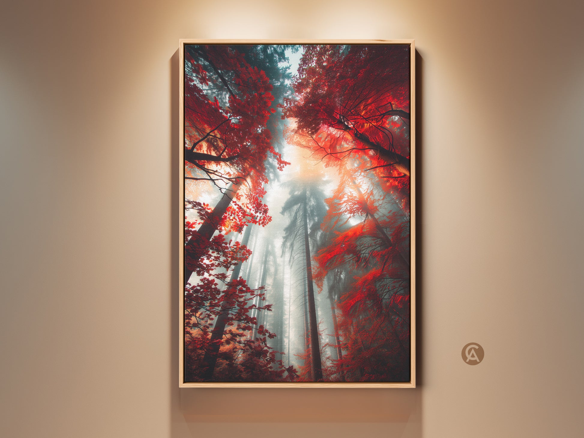 Framed forest art print. A captivating forest scene is displayed. The tall trees reach towards the sky. Red leaves and a misty atmosphere create an ethereal mood. This framed artwork adds natural beauty to any space.
