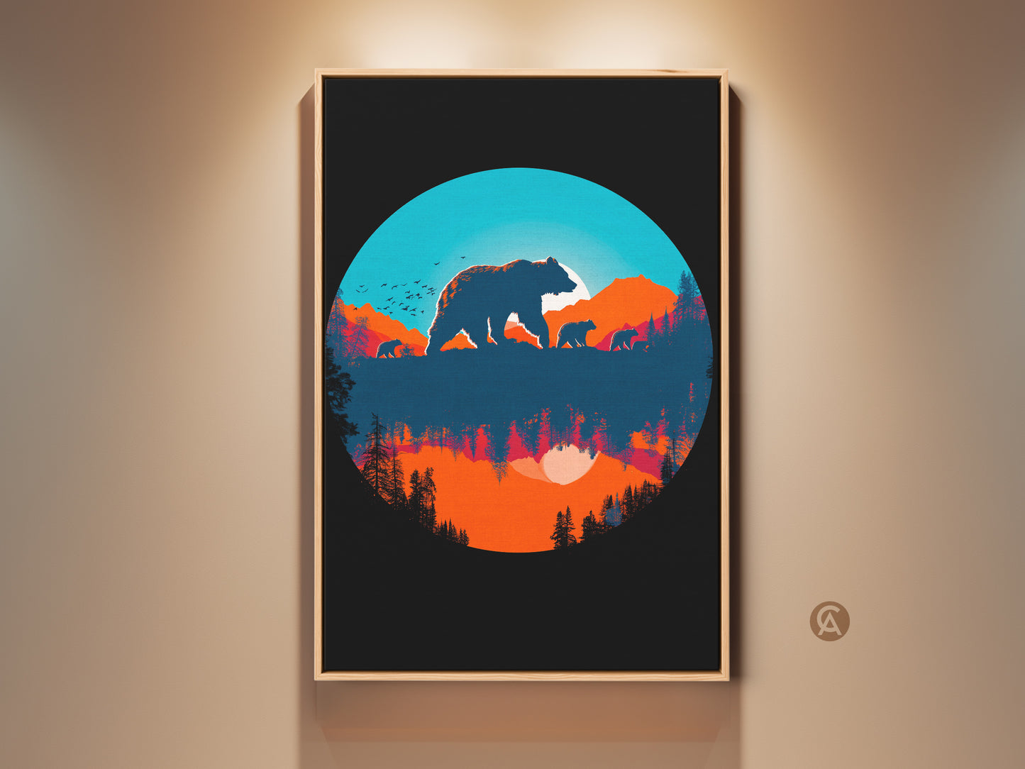 Framed bear family silhouette artwork print. This retro nature landscape canvas art brings a touch of modern retro decor to any space. The blue orange teal colors create a calming aesthetic great as a housewarming gift
