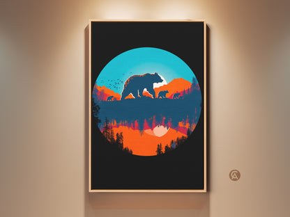 Framed bear family silhouette artwork print. This retro nature landscape canvas art brings a touch of modern retro decor to any space. The blue orange teal colors create a calming aesthetic great as a housewarming gift