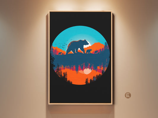 Framed bear family silhouette artwork print. This retro nature landscape canvas art brings a touch of modern retro decor to any space. The blue orange teal colors create a calming aesthetic great as a housewarming gift
