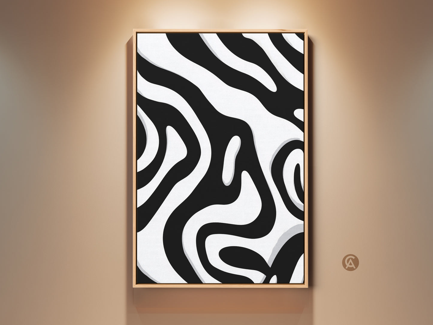 Modern abstract canvas print displayed in a living space. The black and white zebra stripe artwork adds a contemporary touch. Organic shapes create a minimalist home decor piece. Perfect for an entryway or living room this print enhances any modern space.