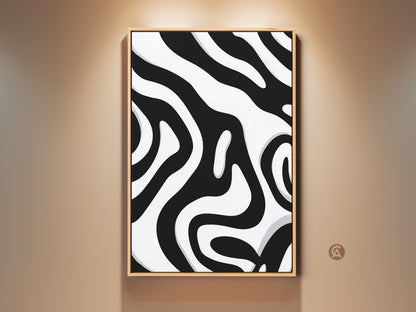 Modern abstract canvas print displayed in a living space. The black and white zebra stripe artwork adds a contemporary touch. Organic shapes create a minimalist home decor piece. Perfect for an entryway or living room this print enhances any modern space.