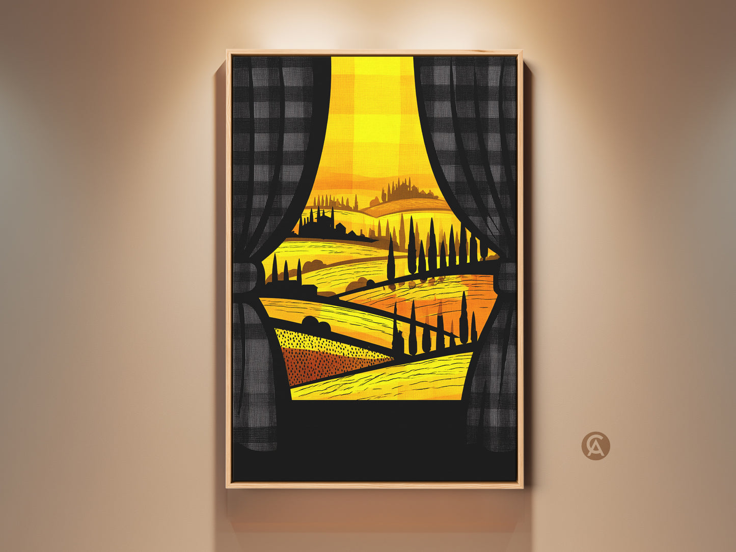 Framed Tuscan village art print on a beige wall. The golden landscape canvas art features a stylized scene viewed through curtains. This modern folk artwork adds a warm touch to any home. Perfect housewarming gift wall art for travel lovers.