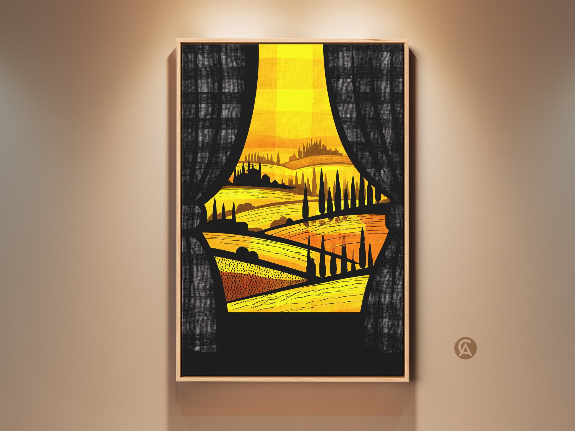 Framed Tuscan village art print on a beige wall. The golden landscape canvas art features a stylized scene viewed through curtains. This modern folk artwork adds a warm touch to any home. Perfect housewarming gift wall art for travel lovers.