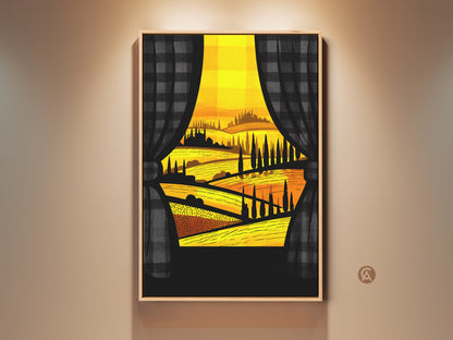 Framed Tuscan village art print on a beige wall. The golden landscape canvas art features a stylized scene viewed through curtains. This modern folk artwork adds a warm touch to any home. Perfect housewarming gift wall art for travel lovers.