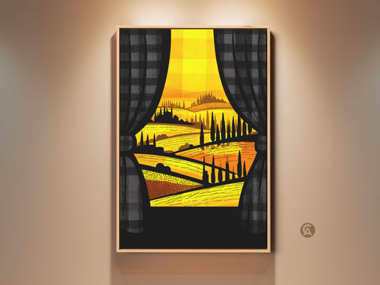Framed Tuscan village art print on a beige wall. The golden landscape canvas art features a stylized scene viewed through curtains. This modern folk artwork adds a warm touch to any home. Perfect housewarming gift wall art for travel lovers.