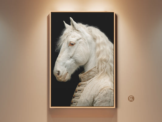 Aristocrat Horse Canvas Print in a traditional frame. This baroque style animal art is perfect for office wall decor. A vintage equestrian painting that makes a great horse lover gift. The print features beige and white tones against a black background.