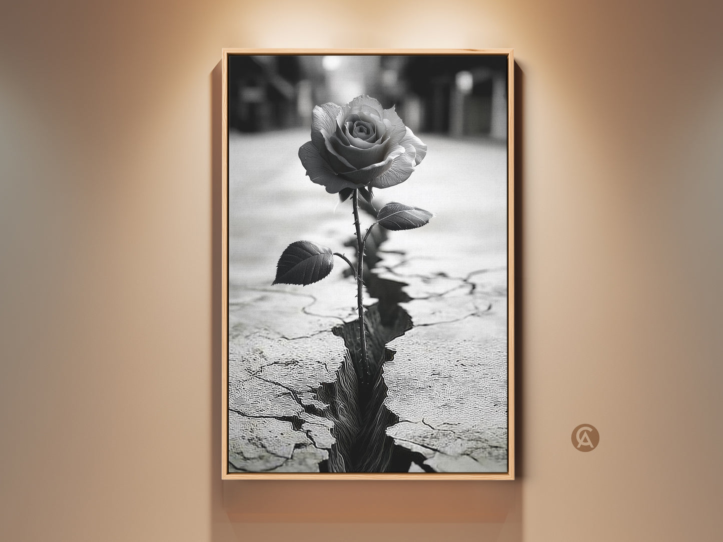 Monochrome rose artwork framed on a wall. A single rose blooms from cracked ground. The art print symbolizes resilience and beauty in adversity. This contemporary piece enhances home decor. A unique housewarming gift for art lovers. Printed on high-quality paper for a sophisticated touch.