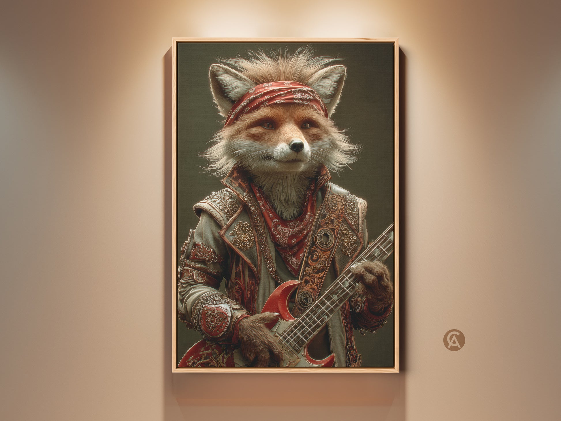 A cool fox rocks out on an electric guitar in this vibrant art print. Wearing a red bandana this musician fox adds an eclectic touch to any space. Perfect as man cave poster art or a unique gift for rock and roll fans. This canvas brings a musical vibe to your walls.