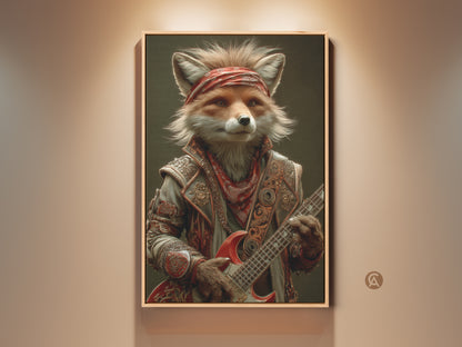 A cool fox rocks out on an electric guitar in this vibrant art print. Wearing a red bandana this musician fox adds an eclectic touch to any space. Perfect as man cave poster art or a unique gift for rock and roll fans. This canvas brings a musical vibe to your walls.