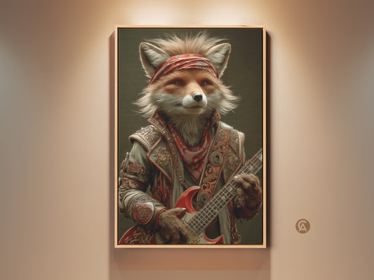 A cool fox rocks out on an electric guitar in this vibrant art print. Wearing a red bandana this musician fox adds an eclectic touch to any space. Perfect as man cave poster art or a unique gift for rock and roll fans. This canvas brings a musical vibe to your walls.