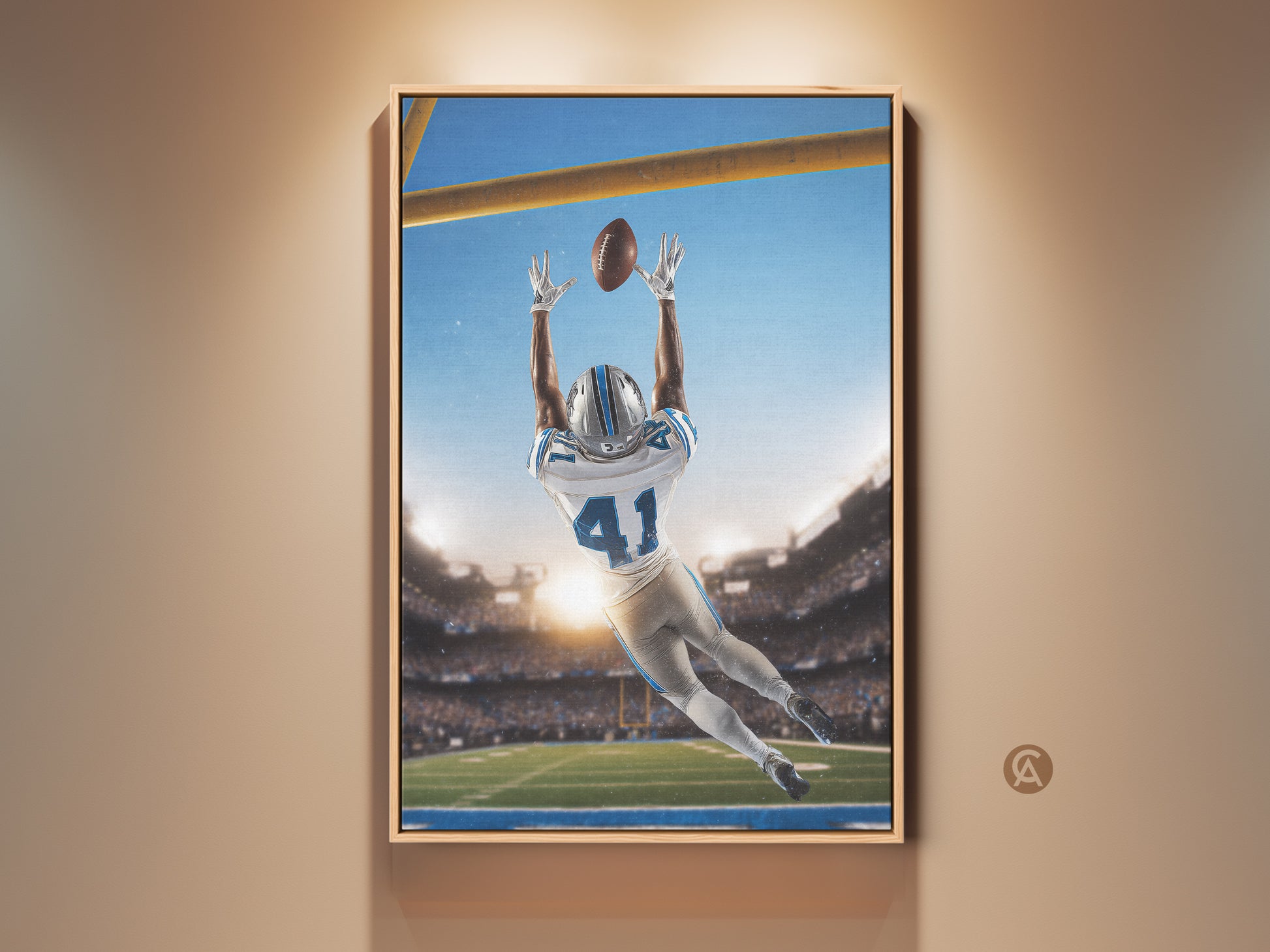 Elevate your space with this dynamic football catch canvas art. A sports fan gift showcasing a blue and white stadium scene. Perfect man cave wall decor to celebrate the game.