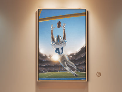 Elevate your space with this dynamic football catch canvas art. A sports fan gift showcasing a blue and white stadium scene. Perfect man cave wall decor to celebrate the game.