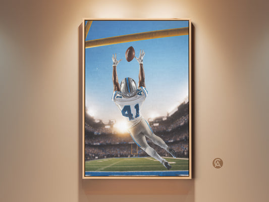 Elevate your space with this dynamic football catch canvas art. A sports fan gift showcasing a blue and white stadium scene. Perfect man cave wall decor to celebrate the game.