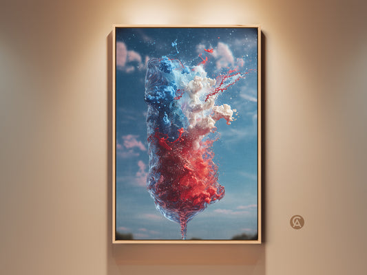 Modern abstract artwork featuring a crimson red and azure blue ink splash. This contemporary fluid art print is framed and displayed against a soft wall. Perfect as office wall decor or a unique housewarming present for art enthusiasts.