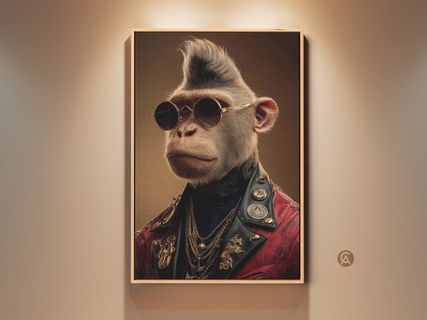 A cool monkey portrait canvas print hangs on a beige wall. This rockstar punk animal art features a monkey in a red leather jacket gold chain and sunglasses. It makes eclectic study office decor.