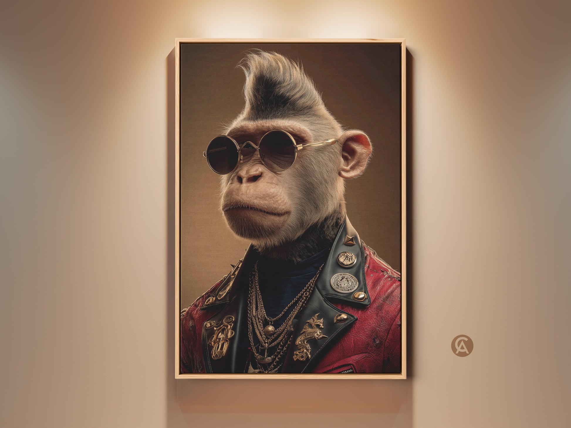 A cool monkey portrait canvas print hangs on a beige wall. This rockstar punk animal art features a monkey in a red leather jacket gold chain and sunglasses. It makes eclectic study office decor.