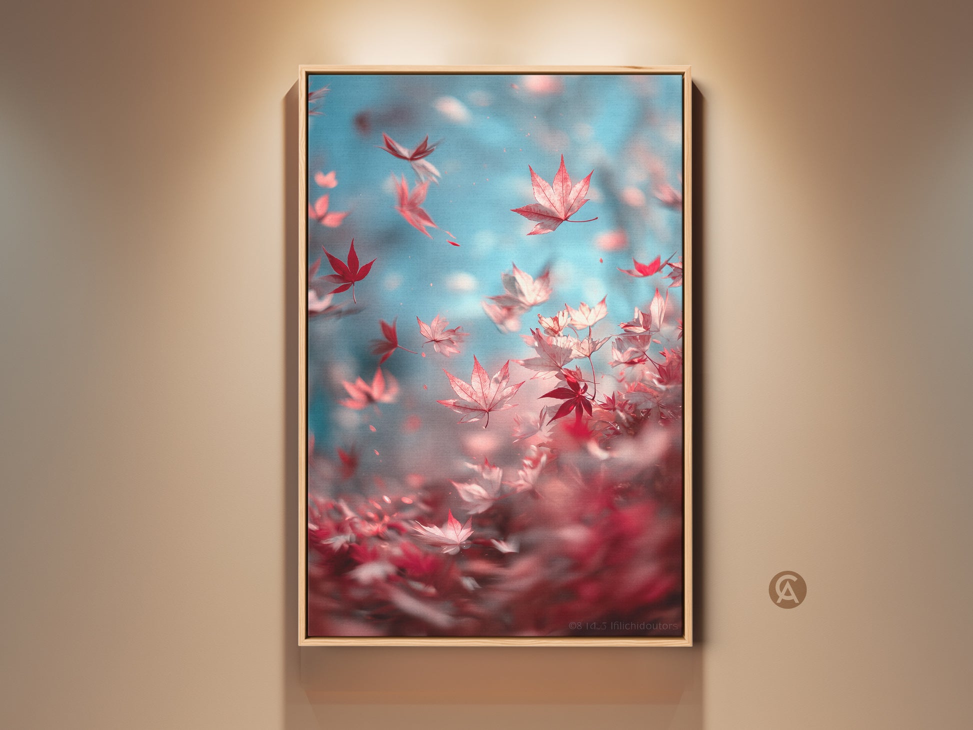 Framed canvas artwork featuring red maple leaves against a light blue sky. The floating frame is oak in color. This stunning art print is ready to hang and will enhance any space.