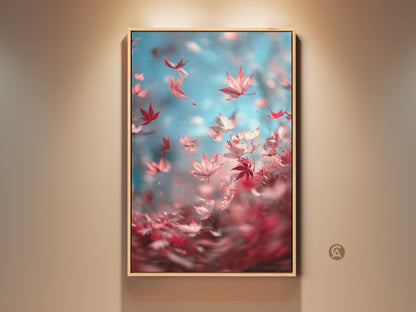 Framed canvas artwork featuring red maple leaves against a light blue sky. The floating frame is oak in color. This stunning art print is ready to hang and will enhance any space.