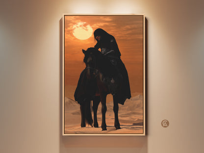 Eclectic desert rider art. It features an Arabian horse and woman canvas print. This sand and black wall decor makes an equestrian gift. The premium canvas creates an artistic desert wall decor. A perfect unique home decor gift.