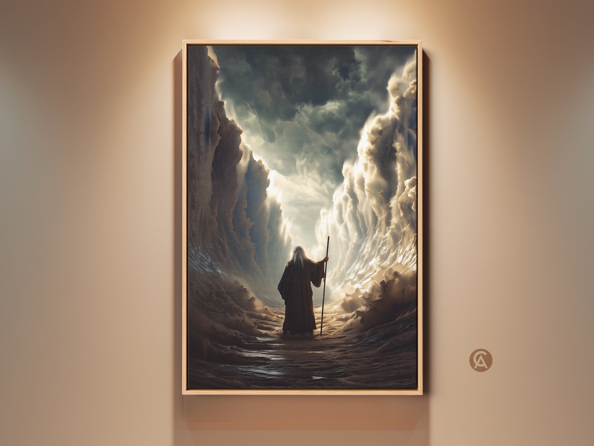 Experience the awe of Moses parting the Red Sea with this biblical canvas art. The gold and blue tones evoke a spiritual ambiance. Add this epic religious painting to your study room for daily inspiration or give as a thoughtful worship wall hanging gift.