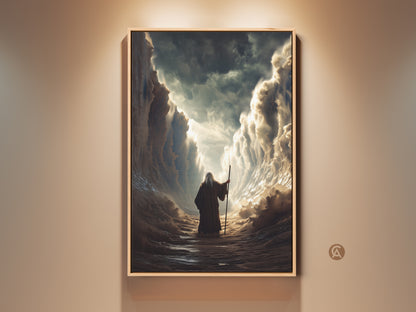 Experience the awe of Moses parting the Red Sea with this biblical canvas art. The gold and blue tones evoke a spiritual ambiance. Add this epic religious painting to your study room for daily inspiration or give as a thoughtful worship wall hanging gift.