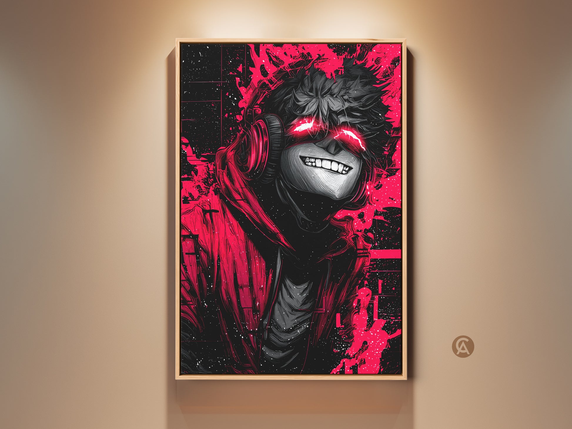 Immerse yourself in this captivating wall art. It features a striking anime character with glowing red eyes and headphones. The artwork is framed in a warm wood tone. Perfect for adding an edgy touch to any room Shop now