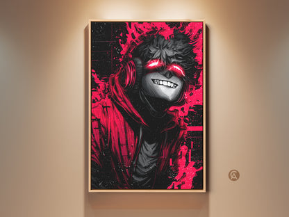 Immerse yourself in this captivating wall art. It features a striking anime character with glowing red eyes and headphones. The artwork is framed in a warm wood tone. Perfect for adding an edgy touch to any room Shop now