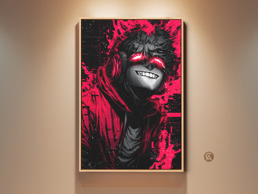 Immerse yourself in this captivating wall art. It features a striking anime character with glowing red eyes and headphones. The artwork is framed in a warm wood tone. Perfect for adding an edgy touch to any room Shop now