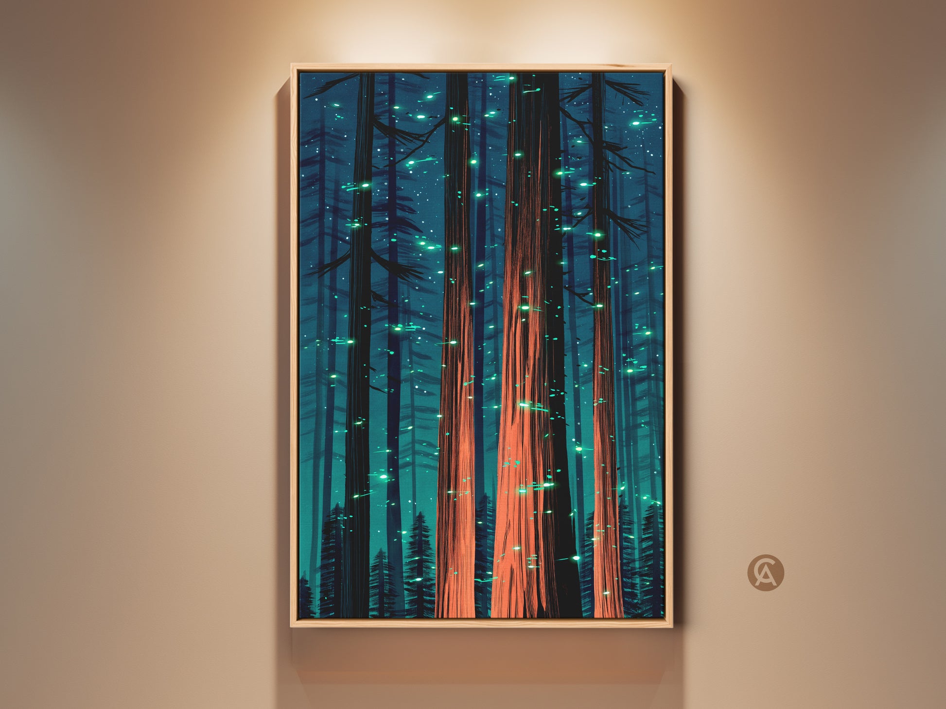 Teal and coral orange forest canvas artwork. This fantasy nature wall print features glowing trees. It's an ideal eclectic bedroom decor or housewarming gift. The tall trees create a mystical forest scene.
