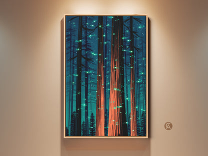 Teal and coral orange forest canvas artwork. This fantasy nature wall print features glowing trees. It's an ideal eclectic bedroom decor or housewarming gift. The tall trees create a mystical forest scene.