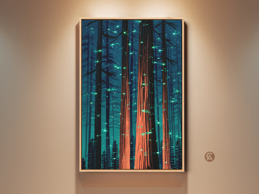 Teal and coral orange forest canvas artwork. This fantasy nature wall print features glowing trees. It's an ideal eclectic bedroom decor or housewarming gift. The tall trees create a mystical forest scene.