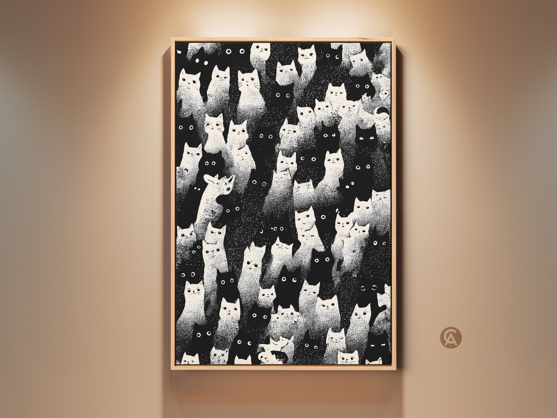 Eclectic cat print in a wood frame. This black and white wall art adds a touch of minimalist animal decor to any room. It's the purr-fect gift for cat moms seeking bedroom art with a modern twist. The monochrome cat faces create a unique and engaging focal point.