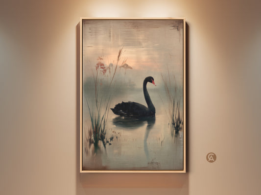 Impressionistic black swan art print is on display. The vintage nature wall art adds a touch of eclectic charm to the room. Sepia and teal tones create a serene atmosphere in this canvas painting. It's a perfect bedroom decor gift for nature lovers.