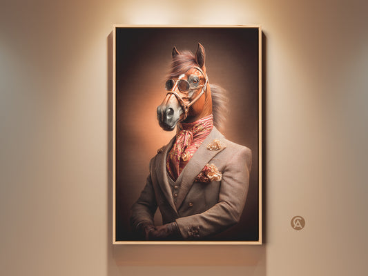 Framed sepia gold horse portrait art on a light beige wall. It's a surreal equestrian gentleman canvas print. Perfect vintage office wall decor. Add eclectic animal artwork to your home.