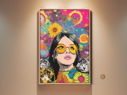Eclectic Pop Art Print featuring a woman with yellow glasses and cats. This retro wall art is a vibrant statement piece. Its hot pink yellow teal colors add a quirky touch. Perfect bedroom decor or unique cat lover gift. The print showcases a modern pop art poster vibe. A colorful eclectic painting is ideal for vibrant home decor.